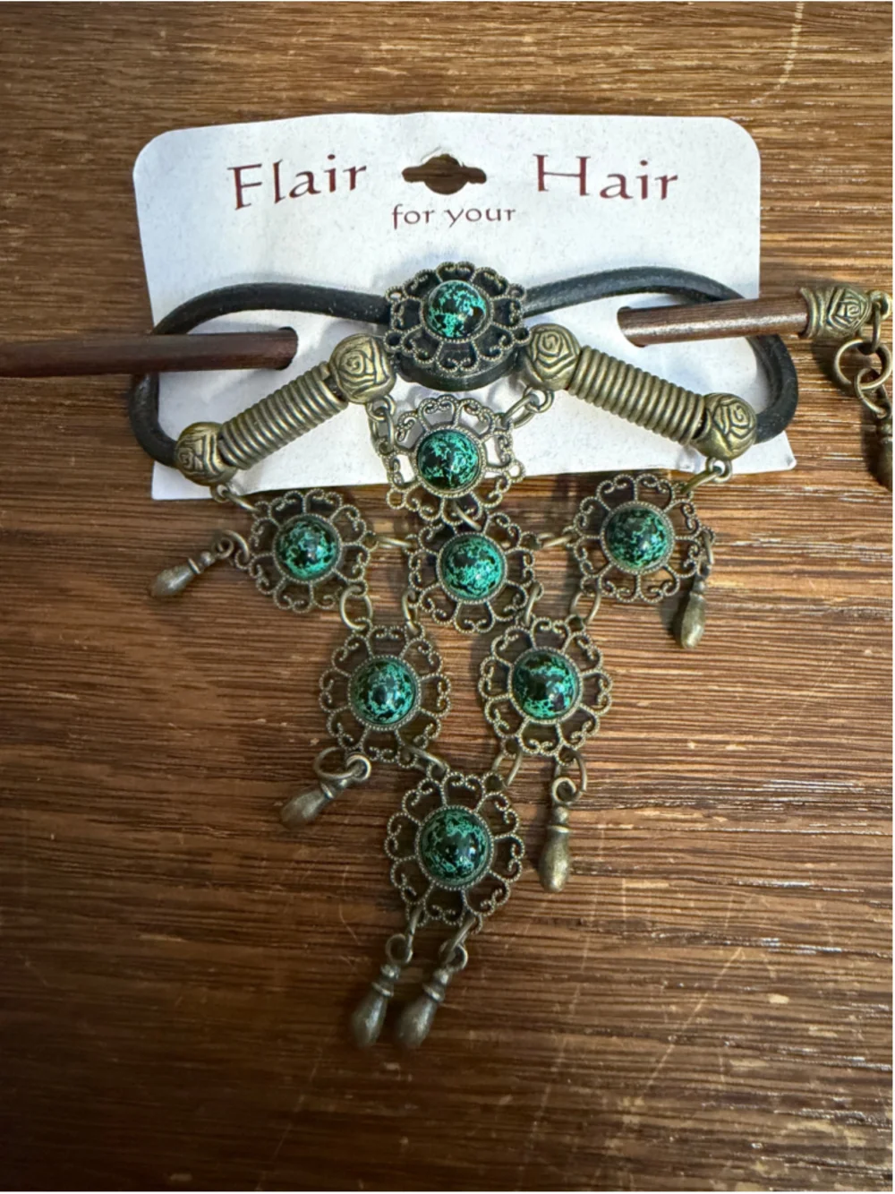 Vintage Flair For Your Hair Green Cabochon Hair Stick Antique Brass Tone Dangle